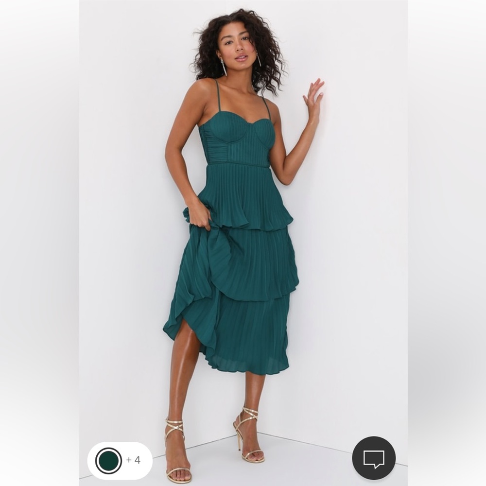 Cascading Crush Emerald Green Tiered Bustier Midi Dress (Lulus)